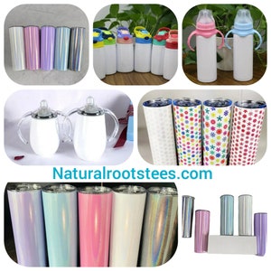 May include: A variety of stainless steel tumblers in different colors and patterns, including iridescent, white, and floral designs. Some tumblers have handles and lids. The tumblers are arranged in a collage format. The text "Naturalrootsstees.com" is displayed at the bottom of the image.