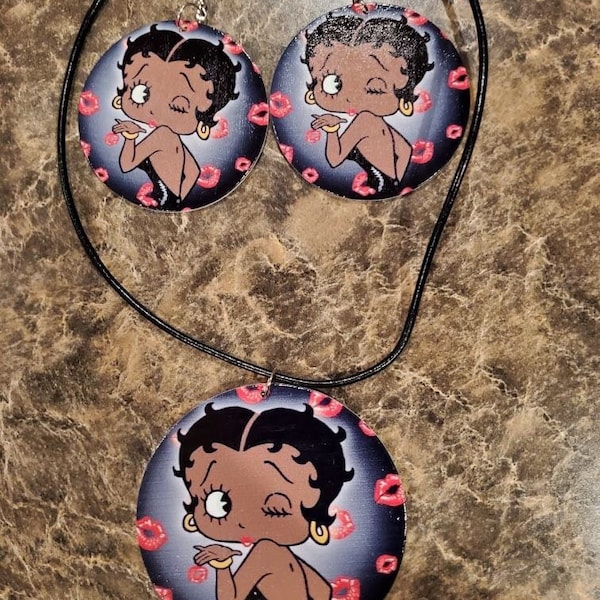 Black Betty Boop in her glory with kisses necklace and earrings bundle