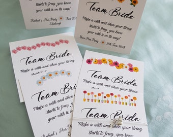 Hen Party, Hen Do, Hen weekend Team Bride- Flowers- Wish Bracelet - Friendship Bracelet - Personalised Card - 'Bride to Be' Charm