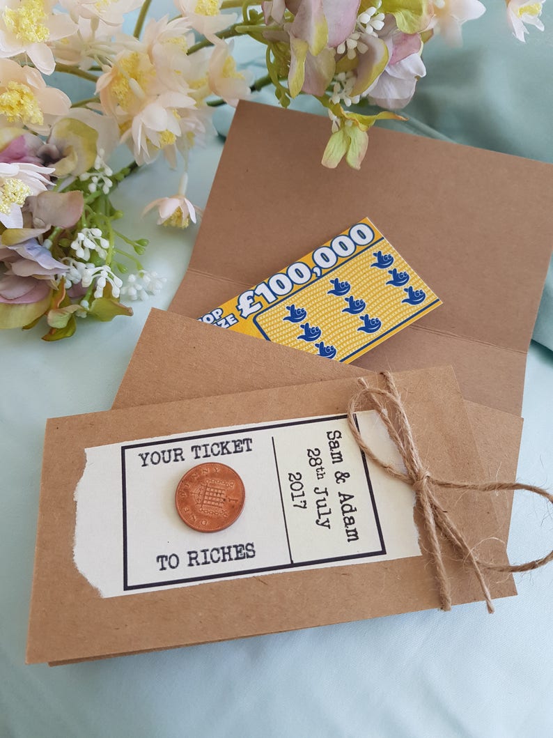Personalised Scratchcard Lottery Ticket walletsholders Envelopes Ticket to Riches Rustic Vintage 10 Wedding favours