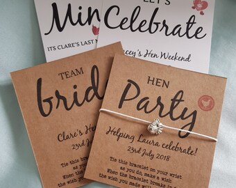 Hen Party, Hen Do, Hen weekend Team Bride- Wish Bracelet - Friendship Bracelet - Personalised Card - 'Bride to Be' Charm
