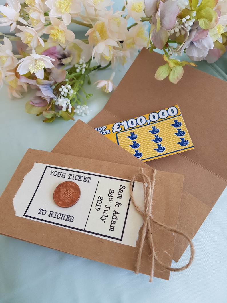 Personalised Scratchcard Lottery Ticket walletsholders Envelopes Ticket to Riches Rustic Vintage 10 Wedding favours