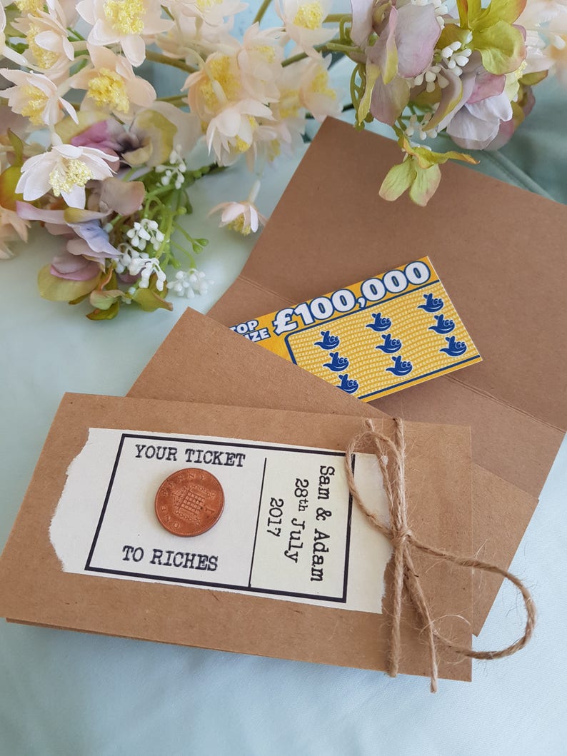 Personalised Scratchcard Lottery Ticket walletsholders Envelopes Ticket to Riches Rustic Vintage 10 Wedding favours