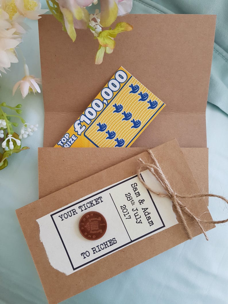 Personalised Scratchcard Lottery Ticket walletsholders Envelopes Ticket to Riches Rustic Vintage 10 Wedding favours