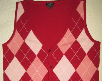 Argyle VEST, Italian Merino Wool, Talbots, Women's, Size Small, Deep Red/Pink/Pale Pink