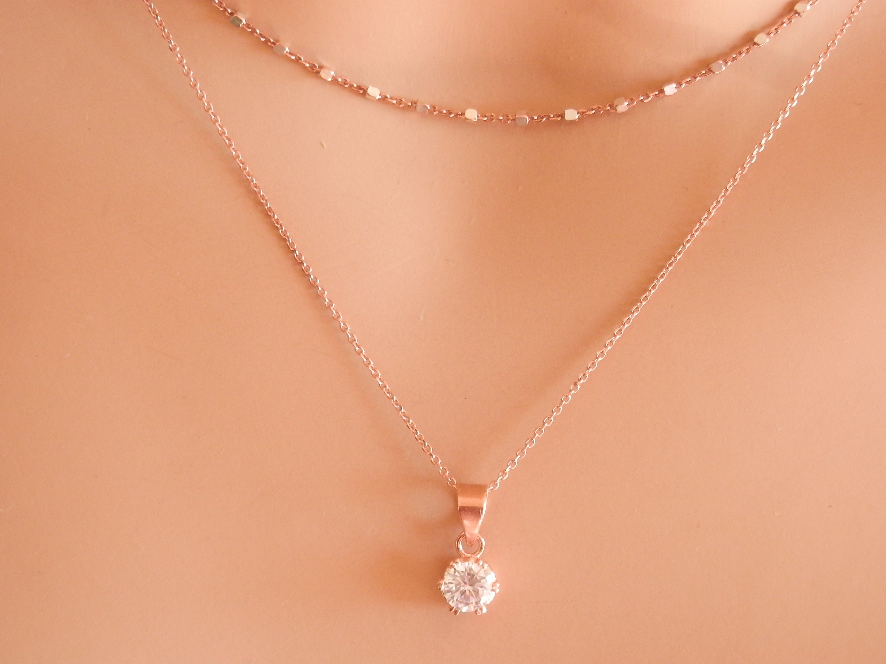 Diamond Necklace with A Tiny Heart Chain Pendant