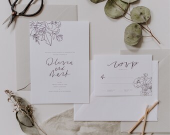 The Olivia - minimal and botanical wedding invitation suite with envelopes