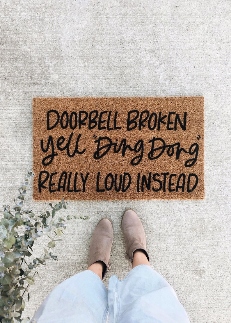 doorbell broken welcome mat hand painted, custom doormat cute doormat outdoor doormat wedding gift housewarming gift image 1