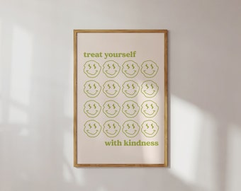 Treat Yourself With Kindness Digital Print, Smiley Face Printable Wall Art, Aesthetic Room Decor, Y2K Room Decor, Cute Poster