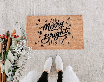 merry + bright doormat  | christmas decor | hello welcome mat | christmas doormat | custom doormat | cute doormat | outdoor doormat