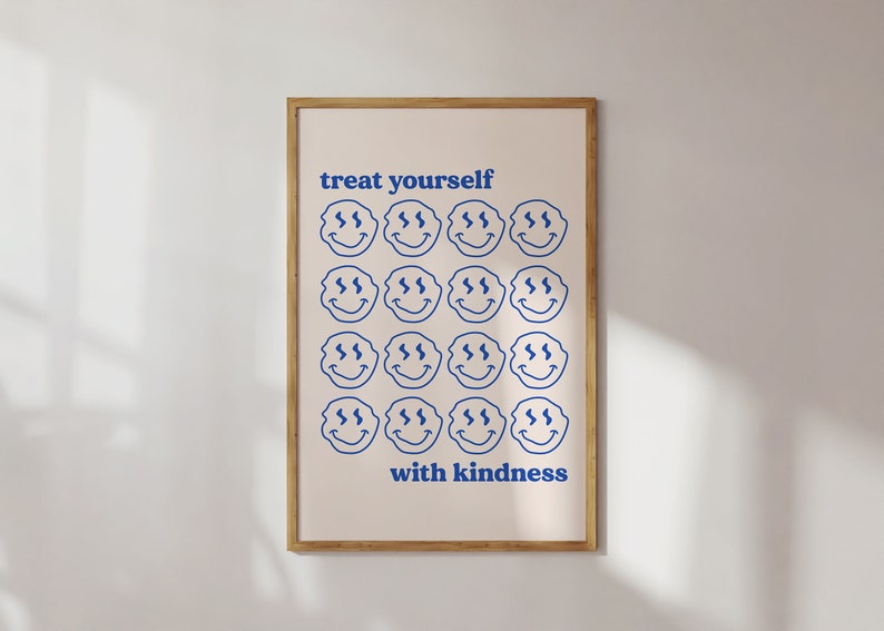 Treat Yourself With Kindness Digital Print, Smiley Face Printable Wall Art, Aesthetic Room Decor, Y2K Room Decor, Cute Poster image 1