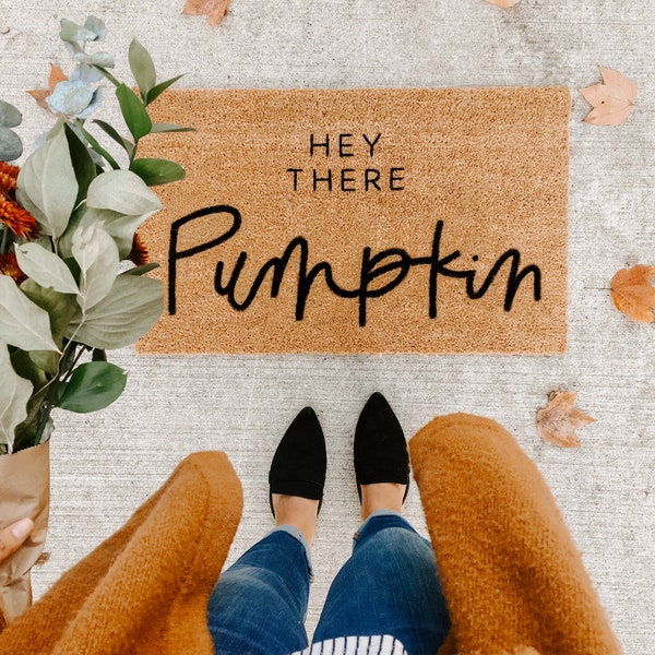 DE ORIGINELE hey daar pompoen | herfst decor | welkomstmat | schattige deurmat | val deurmat | veranda decor | Halloween deurmat | hallo pompoen