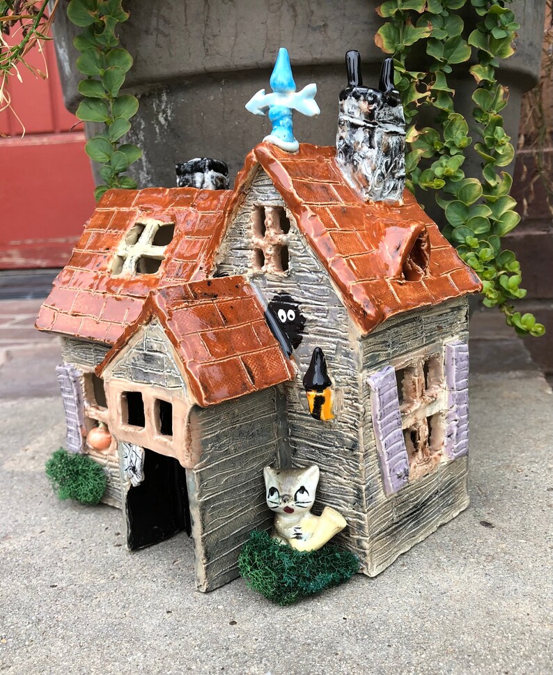 Made to order hand built pottery haunted house LED tea light Etsy