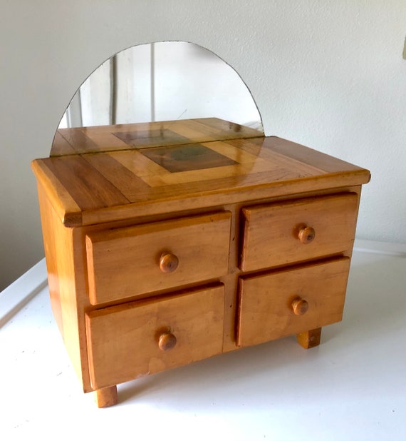 Vintage Wood Jewelry Box Dresser Caddy Flip Top Lid with Drawer Handmade One-Of-A-Kind