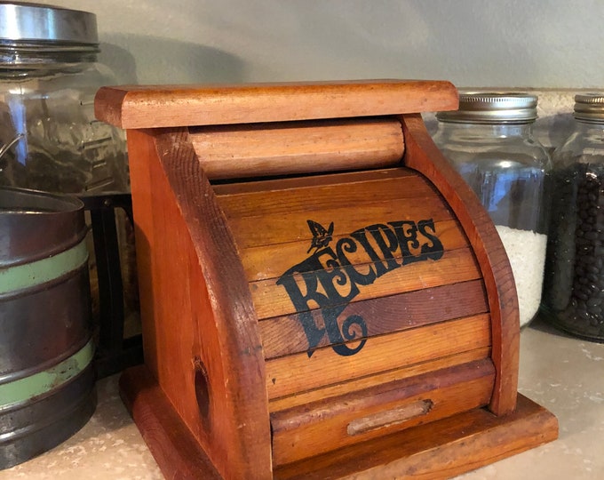 Vintage Solid Wood Roll Top Recipe Storage Box in the Shape of a Bread