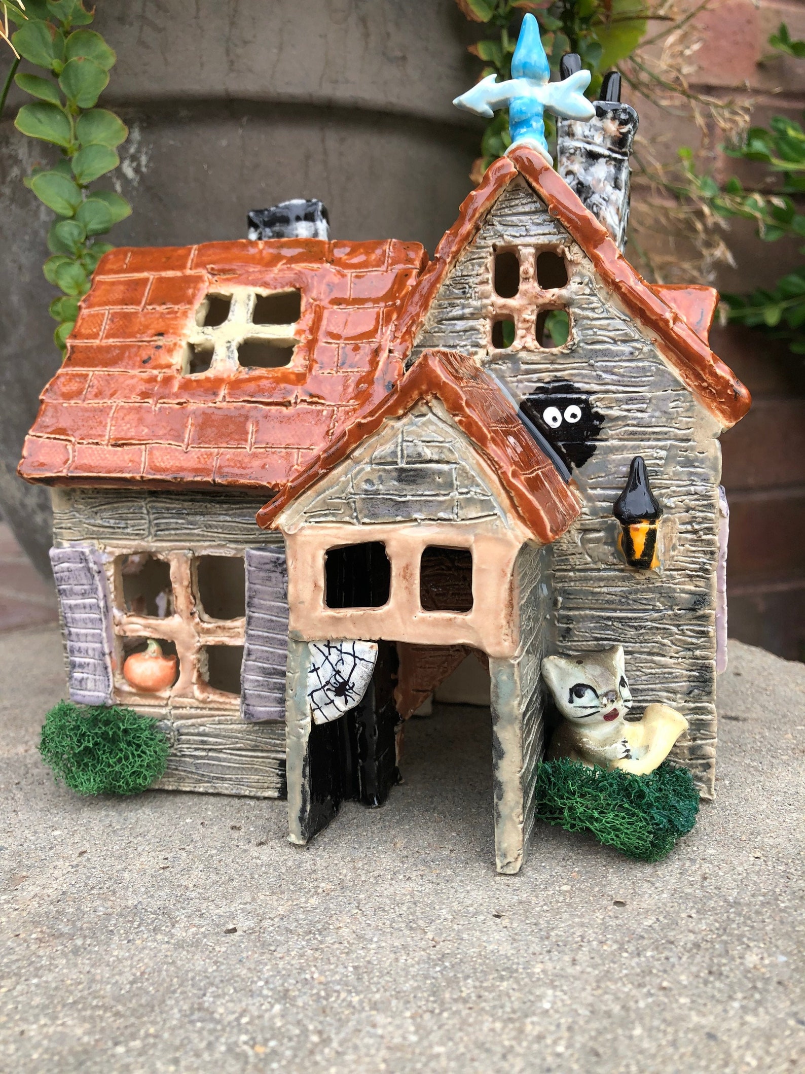 Made to order hand built pottery haunted house LED tea light Etsy
