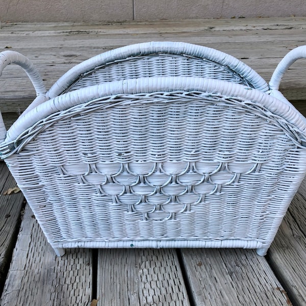 Vintage white wicker basket magazine holder tote beach decor costal shabby chic