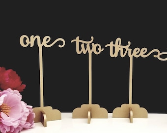 Wedding Table Numbers, Script, Free Standing with Base, Wood cut out numbers with stake for centerpiece