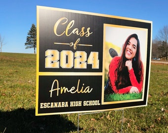 Class of 2024 Graduation Senior Yard Signs with Picture, Gold & Black, Silver, Personalized Graduating Signs, Custom Grad Party Decor