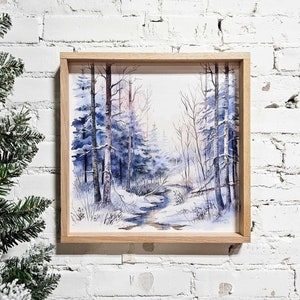 Snowy landscape, winter scene wall hanging, wood framed sign. snow draped trees & trail.