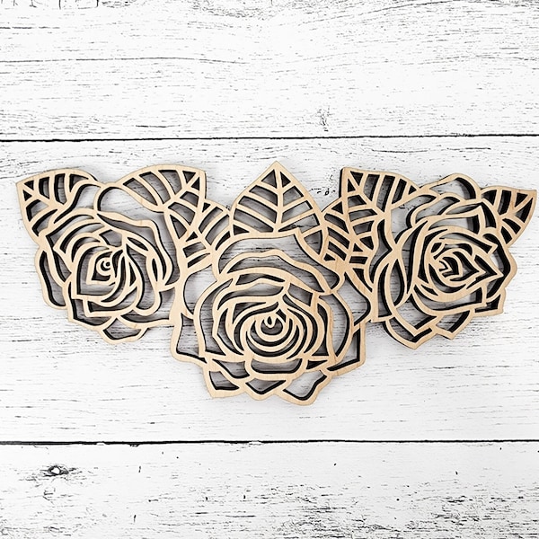 Wood Flowers Rose Cut out, Floral & leaves shapes, Wooden floral pattern for signs, flowery blanks for crafts, unfinished DIY, sign making