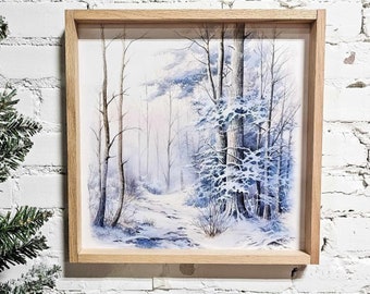 Winter Snowy Landscape Wall Art Hanging Sign, Snow Covered Trees, Trail, & Creek, Framed Canvas Wood Sign, Blue, Simple Minimal, Peaceful