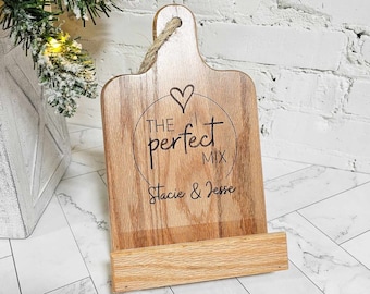 CookBook Recipe Holder, Personalized Mothers Day or Gift for Couple, Engraved Custom Wooden Oak Tablet Stand for Kitchen Counter