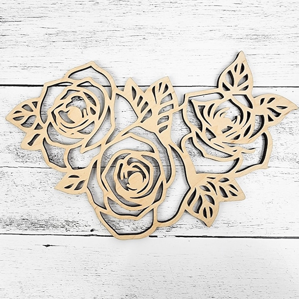 Wood Floral Rose Cut out, Flower shapes with leaves, Wooden floral pattern for signs, flowery blanks for crafts, unfinished DIY, sign making