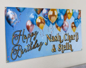 Birthday Banner Custom Name Sign, Personalized, Blue Gold Pink Balloons Party Decor, Indoor Outdoor, Reusable, Bday Celebration Decorations