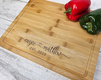 Personalized Cutting Board, Christmas Gift for couple - Unique Wedding, Anniversary, or Bridal Shower present, Engraved Bamboo Cheese Board