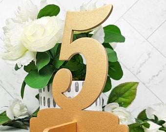 Table Numbers for Wedding Reception Decorations, Gold or natural Wooden Stand Alone Table Numbers with Base, Wood Freestanding Number Cutout