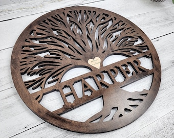 Tree Of Life Wood Sign, Custom Wall Art with Family Tree with Last Name, Wooden Circle with Tree, Roots, Heart, Mothers or Fathers Day Gift