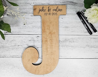 Wedding Guestbook Wooden Letter, Guest Signature Board on Custom Wood Letter, Personalized with couple's wedding details, Natural Wood Decor