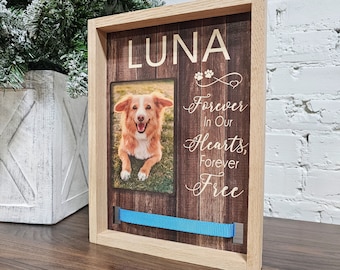 Pet Loss Gift, Personalized Memorial with Name & Photo Wooden Sign with spot for Collar for Dogs, Cats, Keepsake Framed Wall Sign