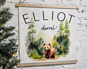 Custom Nursery Name Sign Banner, Woodland animals Decor, Personalized Hanging Wall Art Printed Canvas, Kid's Room Sign Decoration