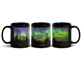 Northern Lights Coffee Mug: Aurora Borealis & Country Backroad, Michigan Night Sky Souvenir, Keepsake, Momento, Gift, Wrap around design