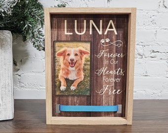 Custom Pet Loss Memorial Gift, Personalized with Name & Photo Wooden Sign with spot for Collar for Dogs, Cats, Keepsake Framed Wall Sign