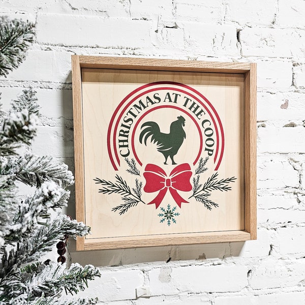 Christmas At The Coop Decor Wooden Sign, Rooster, Hen, Chicken Decorations Framed, Farm, Tree, Snowflakes, Farmhouse Boho Natural Wood