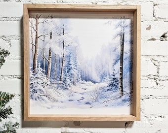 Winter Snowy Landscape Wall Art Hanging Sign, Snow Covered Trees, Trail, & Creek, Framed Canvas Wood Sign, Blue, Simple Minimal, Peaceful