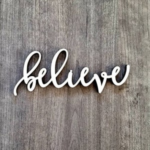 Maple Wood 'Believe' Word Cutout: Modern Script, Favor Place Cards