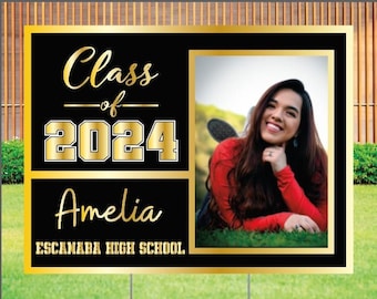 Class of 2024 Graduating Senior Yard Signs with Picture, Gold & Black, Silver, Personalized Graduation Signs, Custom Grad Party Decor