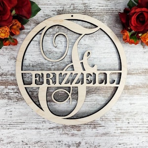 Custom Family Name Sign: Laser Cut Wood Circle Monogram