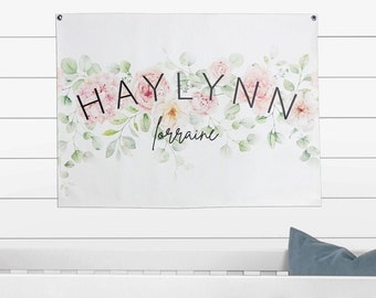 Nursery Banner Personalized Name Canvas Flag, Baby Custom Wall Decor Shower Gift, Neutral Boy Girl Bedroom, Multiuse Birthday Photo Backdrop