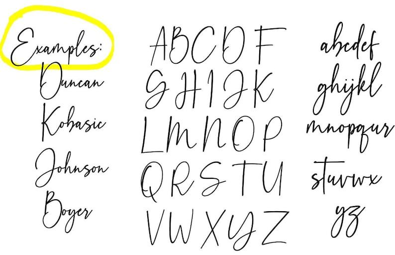 May include: A handwritten alphabet in black ink on a white background. The letters are in uppercase and lowercase. The word "Examples" is circled in yellow.