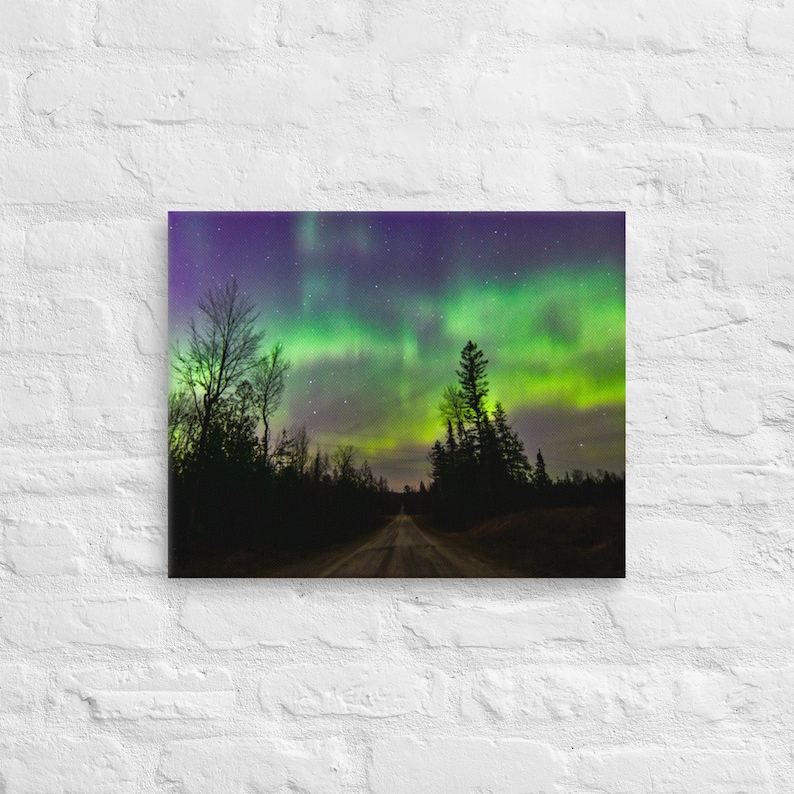 Northern Lights Canvas Print, Rustic Road & Pine Tree Silhouettes, Upper Peninsula Aurora Borealis Night Sky Art