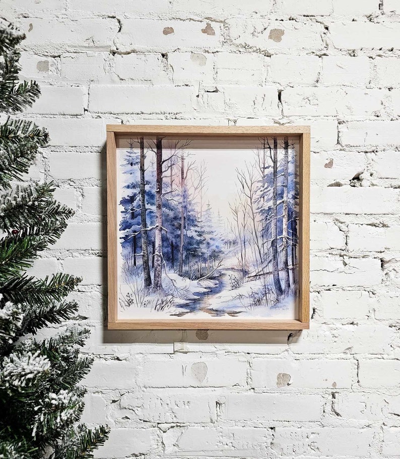 Winter Snowy Landscape Wall Art Hanging Sign, Snow Covered Trees, Trail, & Creek, Framed Canvas Wood Sign, Blue, Simple Minimal, Peaceful image 4