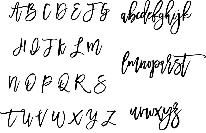 May include: A handwritten alphabet in a cursive font. The letters are written in black ink on a white background.