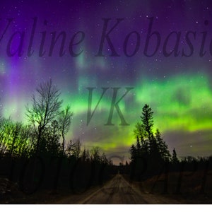Impression sur toile d'aurores boréales, silhouettes de routes rustiques et de pins, art du ciel nocturne des aurores boréales de la péninsule supérieure image 4