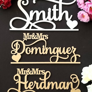 Op de afbeelding: Drie houten borden met de woorden "Mr. & Mrs. Smith", "Mr. & Mrs. Dominguez" en "Mr. & Mrs. Herdman" in een cursief schrift. Elk bord heeft een klein hartje aan het einde.