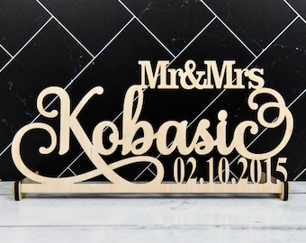 Custom Wood Wedding Name Sign with Date: Mr & Mrs Script Decor